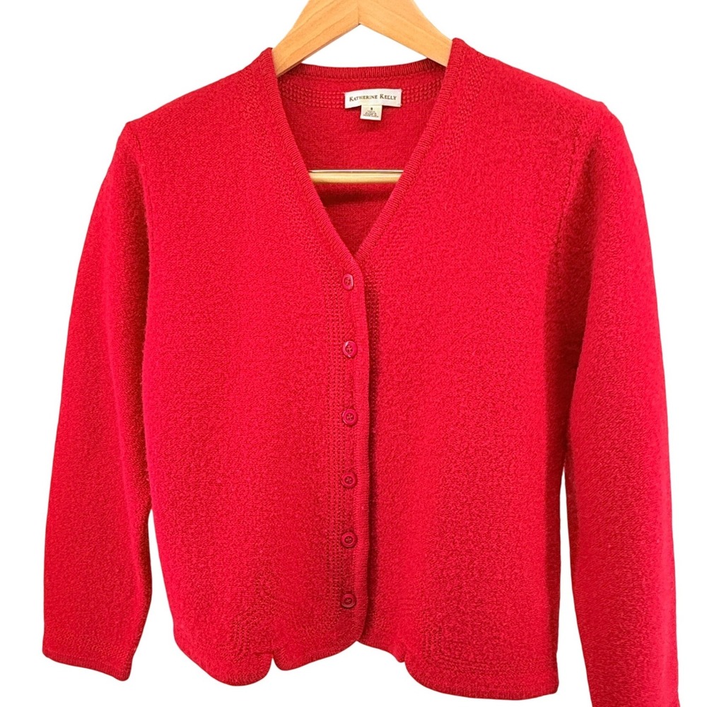 Katherine Kelly Women's Red 100% Alpaca V-Neck Button Front Cardigan Sweater S‎